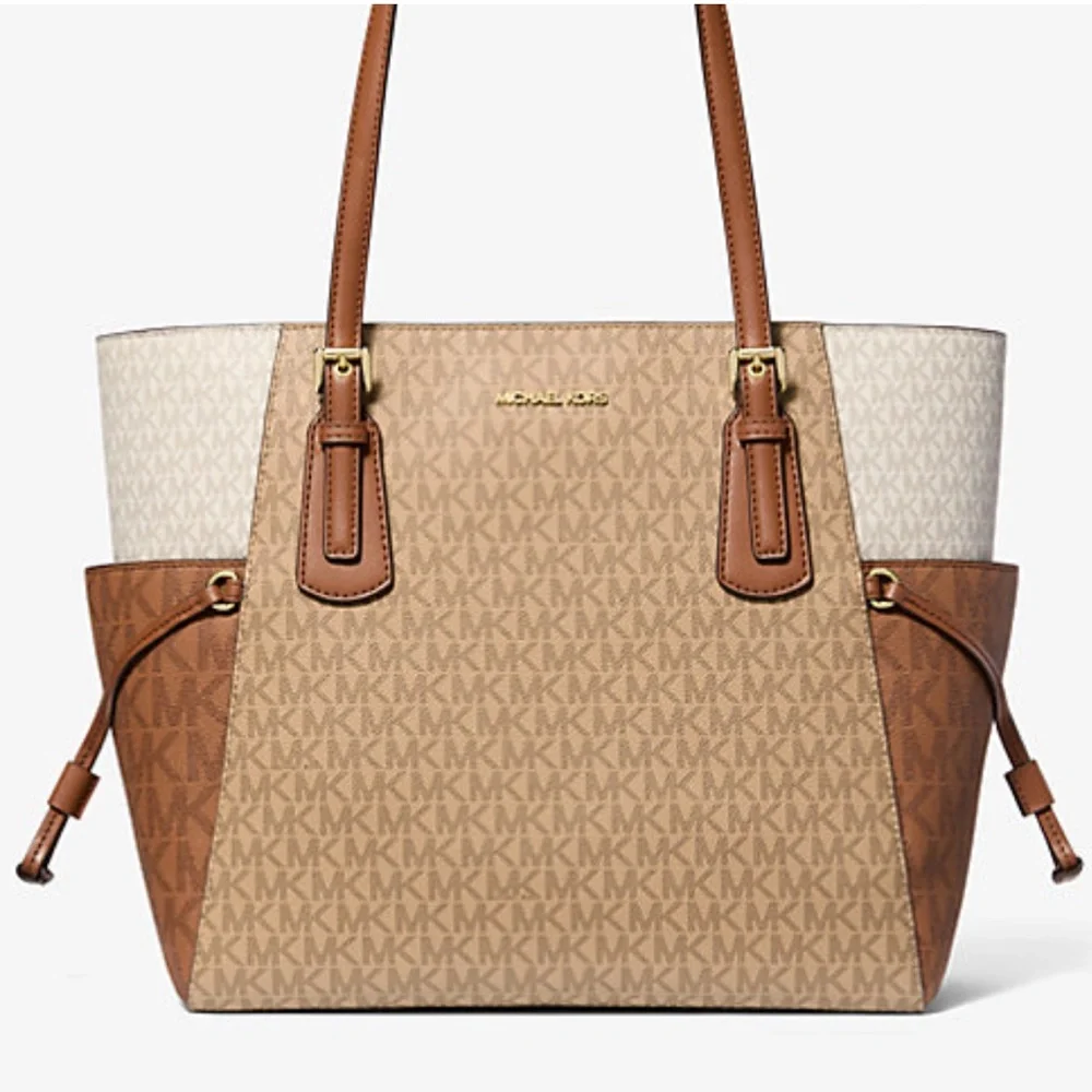 Michael Kors Voyager Large Color-Block Signature Logo Tote Bag Camel Multi  NWT